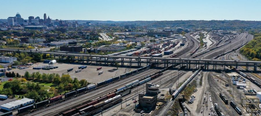 Western Hills Viaduct Looking southeast with close-up of railyard in foreground