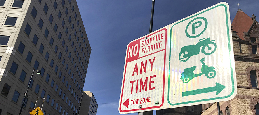 Traffic control signs along the street