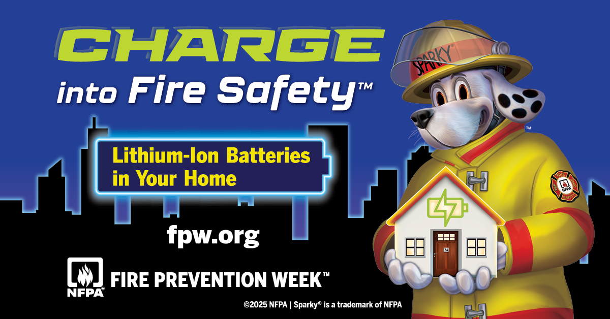 Sparky the dog installing a smoke detector. The image also shares information about the NFPA website.