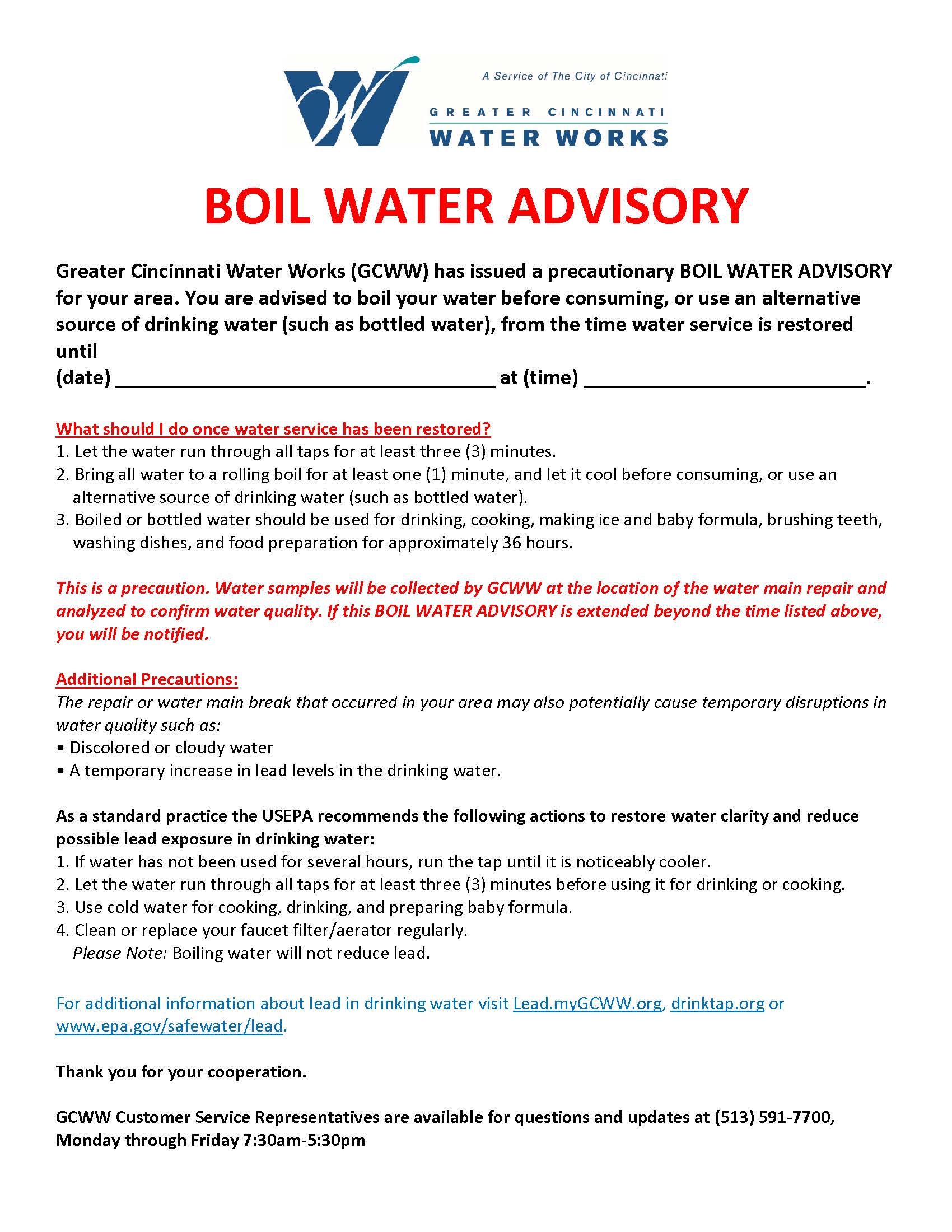 Boil Water Advisories GCWW